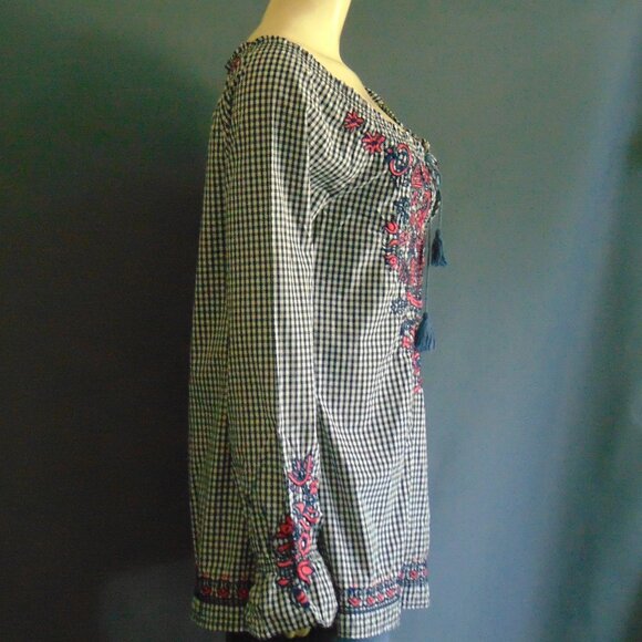 3J Workshop Johnny Was Navy Check Pink Floral Embroidery Off Shoulder Top Sm - Picture 6 of 12